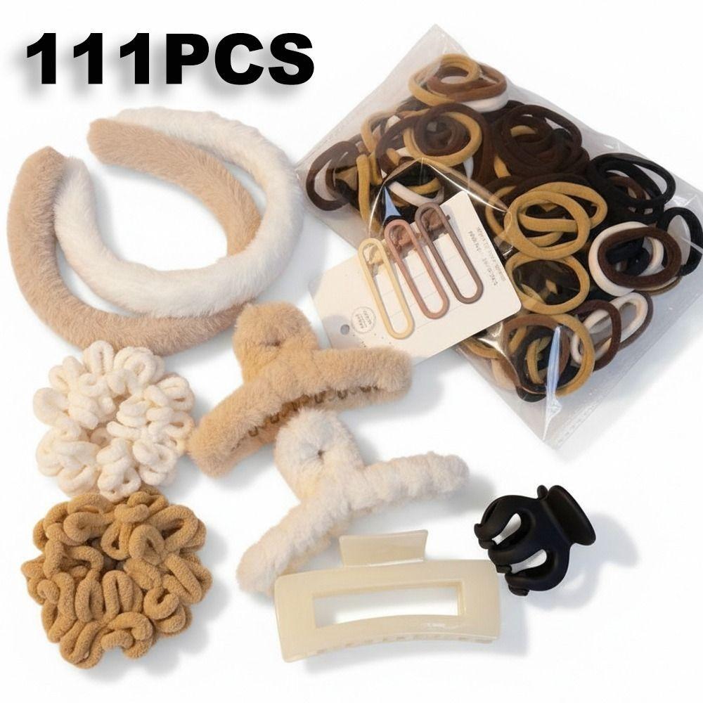 111Pcs Coffee Cream Tone Hair Accessories Set Soft Fluffy Headband Kit  for Women Girls 111PCS коричневый