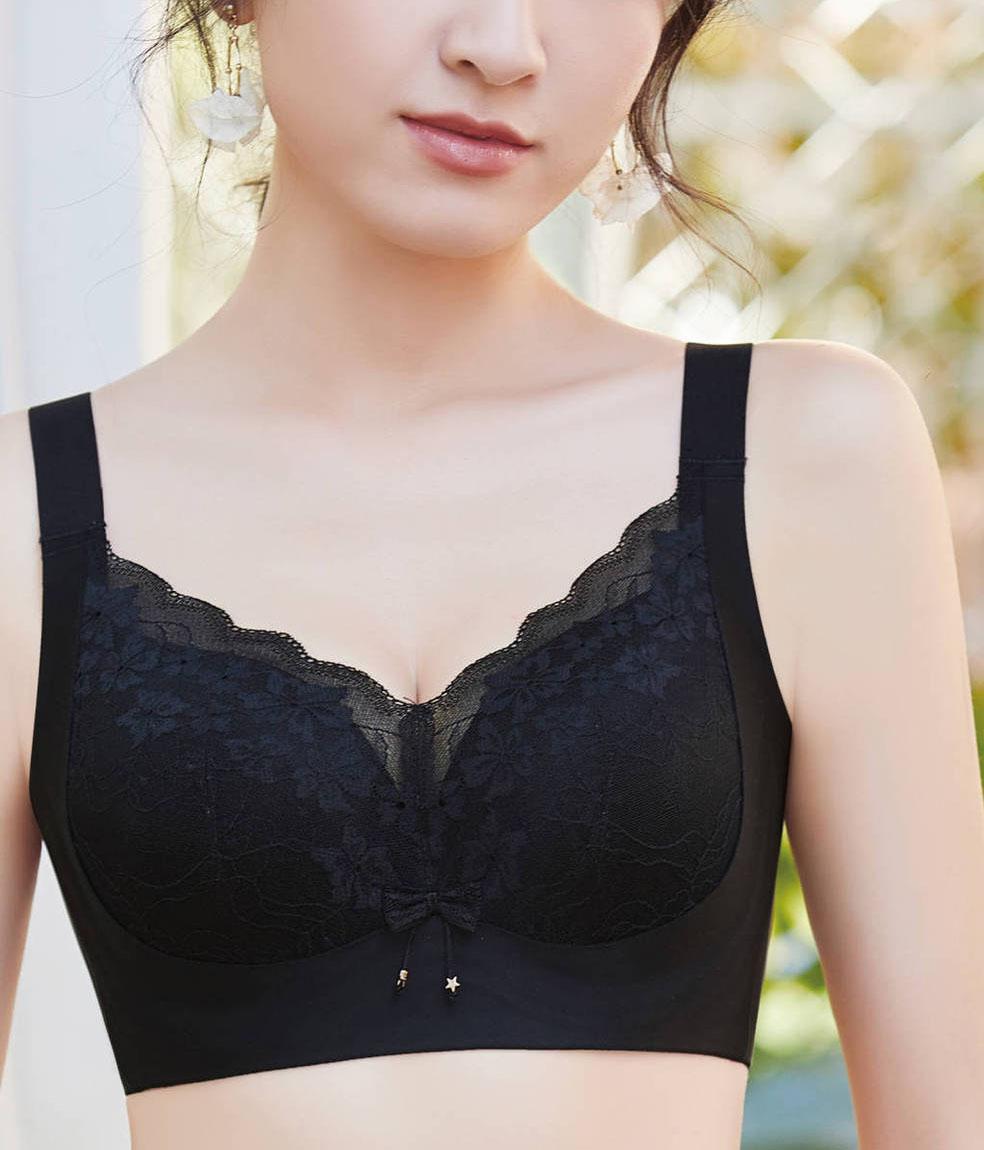 

Большой размер, женское регулируемое нижнее белье, минимайзер, тонкий бюстгальтер, беспроводной бюстгальтер, сексуальное кружевное белье, собранный бюстгальтер пуш-ап 100CD чёрный