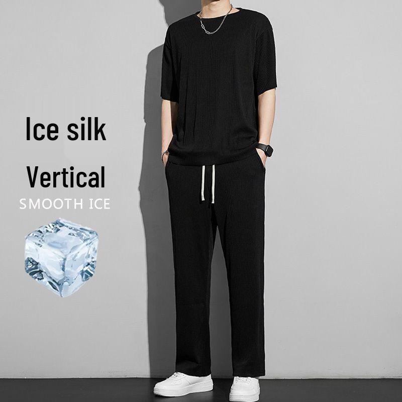 Men's Quick-Dry Ice Silk Sports Set: Short Sleeve T-Shirt & Long Pants