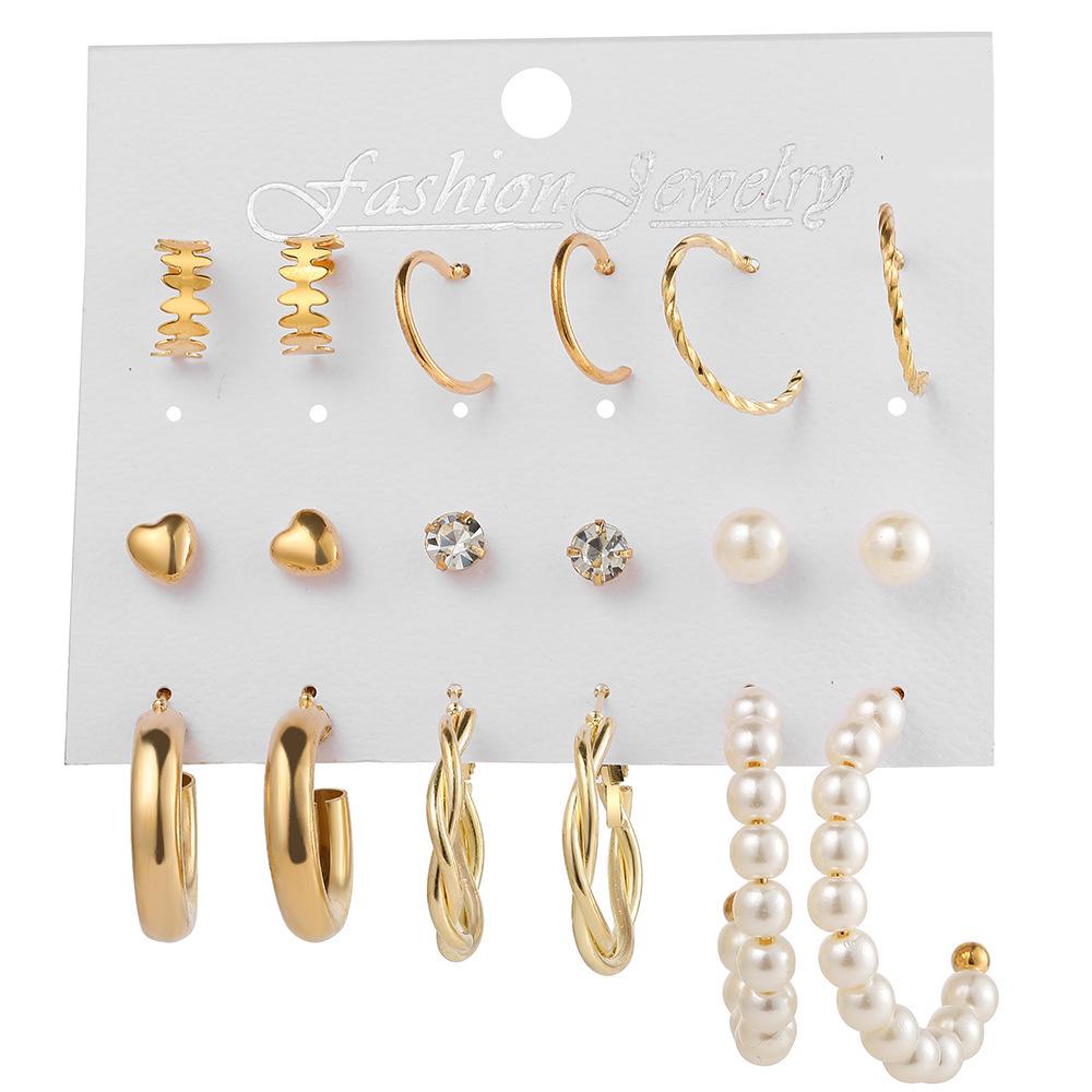 Retro Gold French Geometric Pearl Stud Earrings - 6 Piece Set