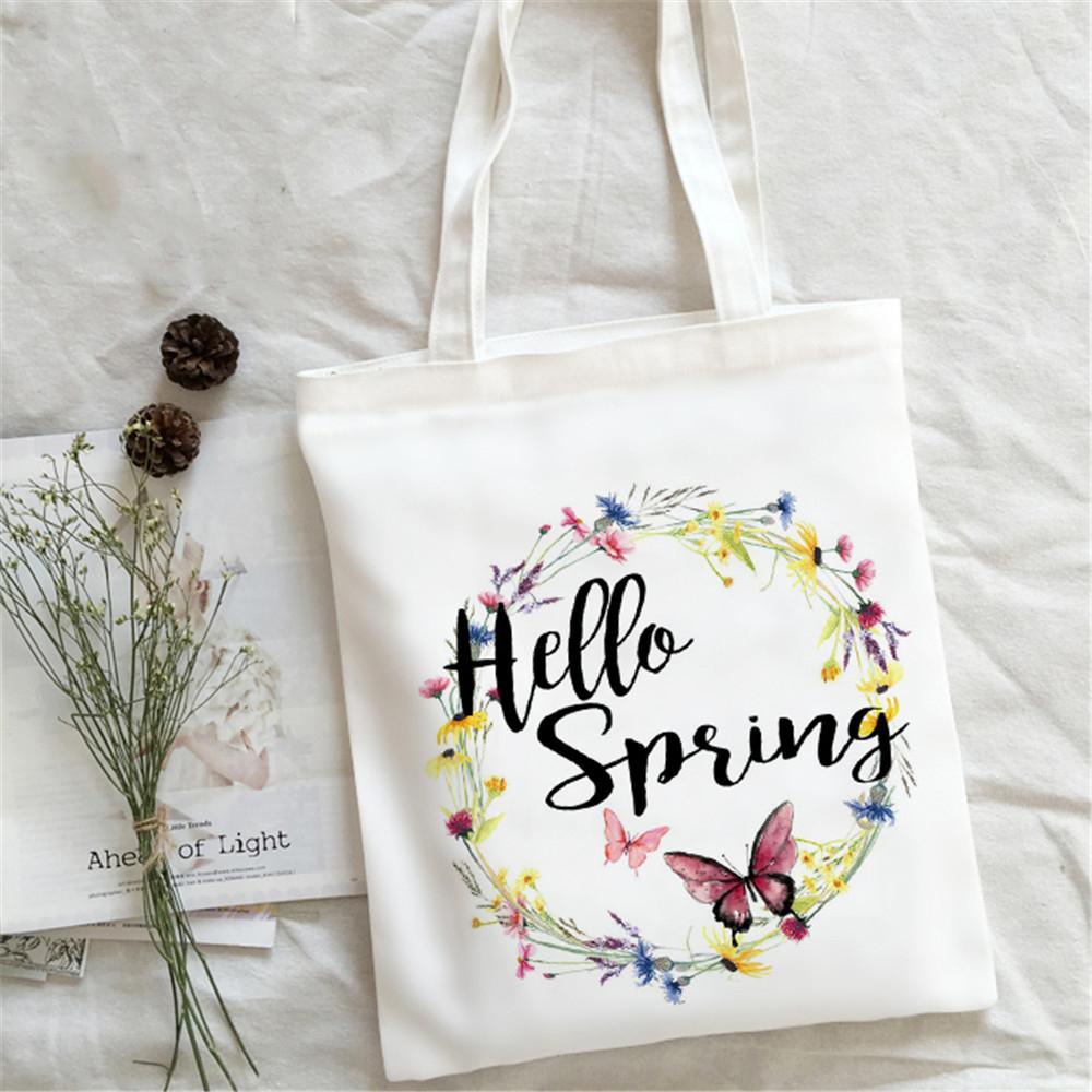 Dobrý den Jarní Květiny Potisk Nákupní Taška Ženy Plátěná Taška přes Rameno Ulzzang Eko Velkokapacitní Dámská Nákupní Taška Kabelka