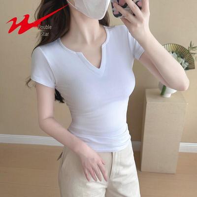 Shuangxing Damen V-Ausschnitt Slim Fit Kurzarm T-Shirt