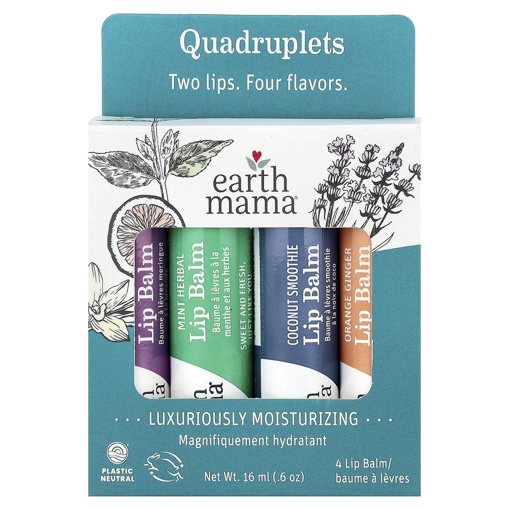 Earth Mama Lip Balm, Quadruplets, 4 Pack, 4ml (0.15oz) Each