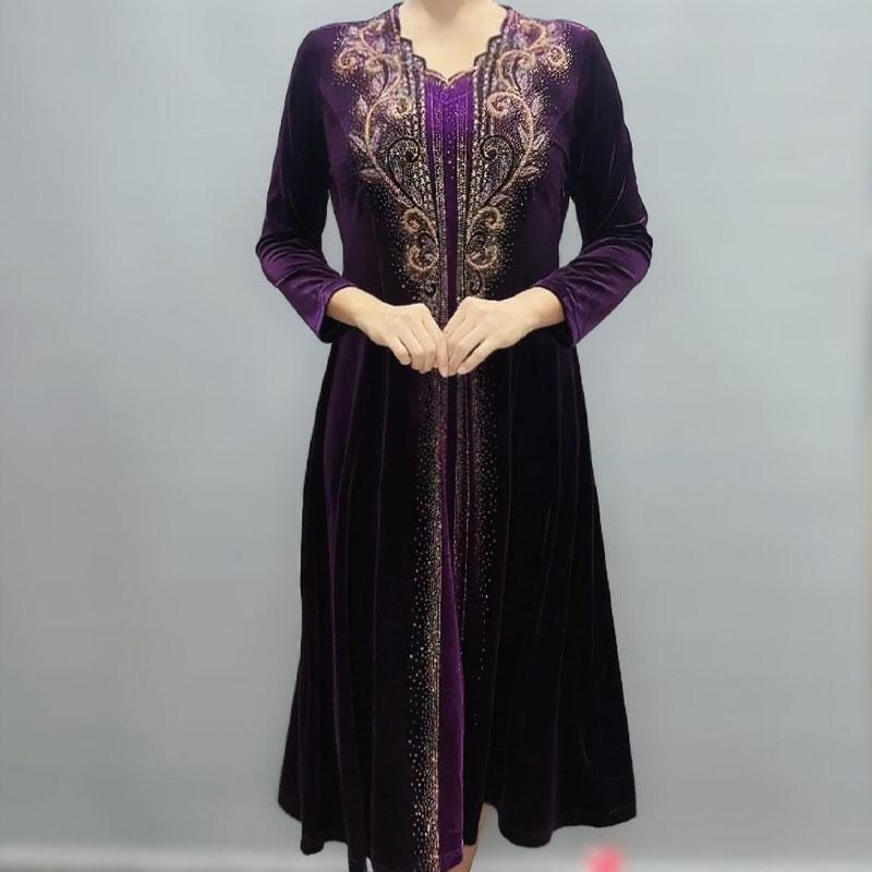 

Платья миди с V-образным вырезом, с ромбами, женские, винтажная вышивка, весенне-осенние, имитация двух частей, элегантные А-силуэта 6XL фиолетовый