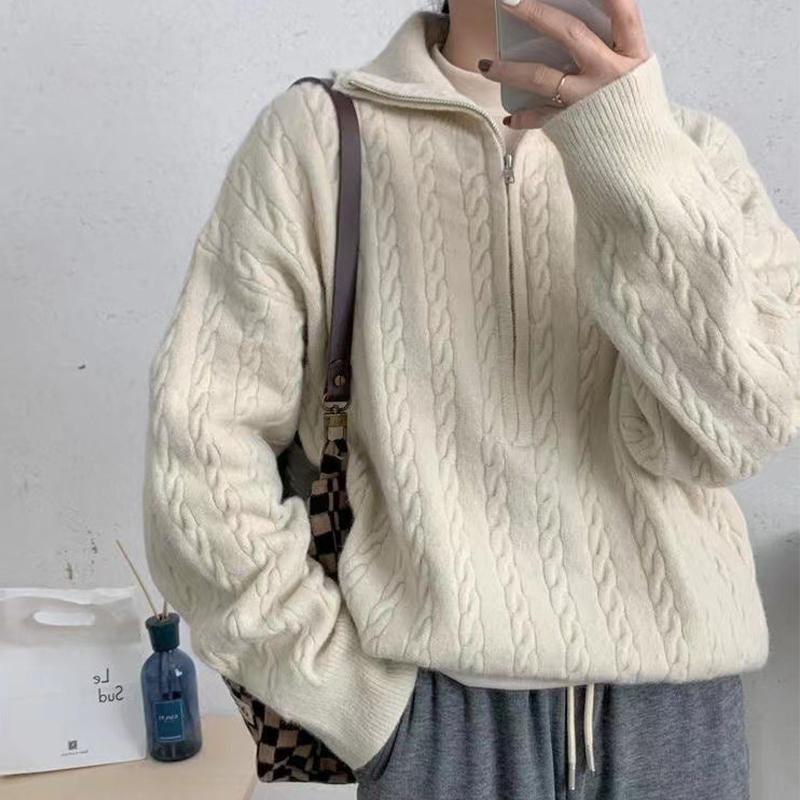 

Твист-свитер, вязаный женский повседневный пуловер на молнии с длинными рукавами, топ One size белый