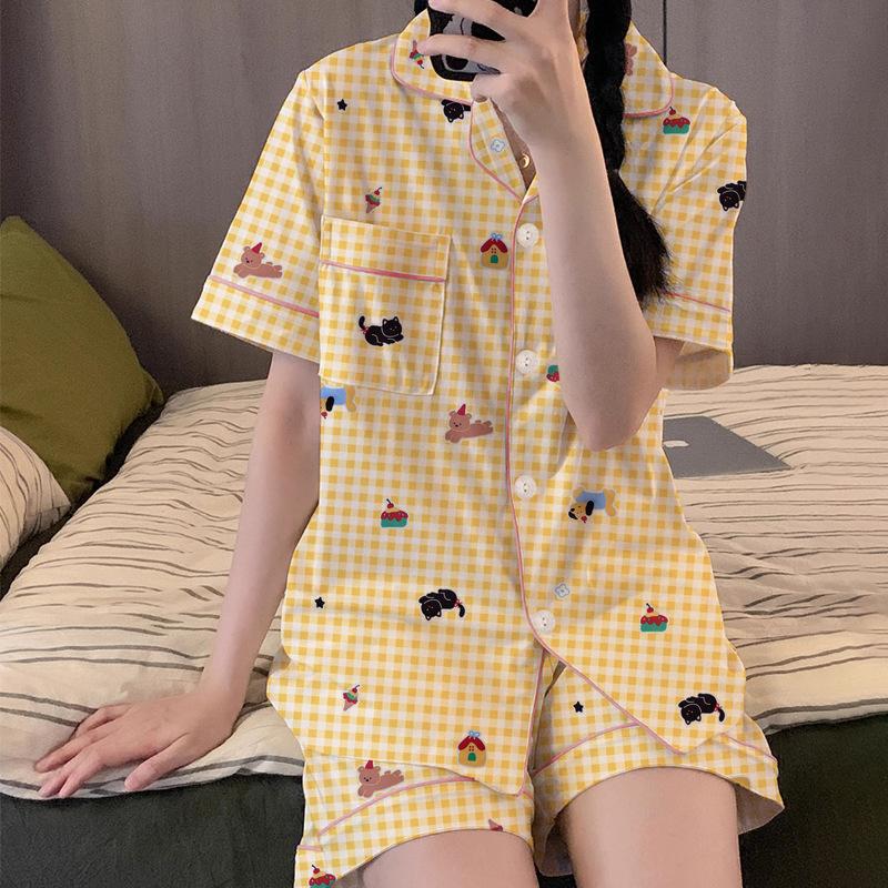 Summer Cartoon Pajamas Women'S Casual High-Value Plaid Short-Sleeved Two-Piece Loungewear