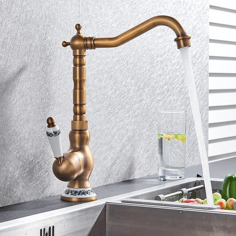 Antique Brass Basin Faucet Creamic Single Handle Hot And Cold Mixer Tap 360 Rotation Deck Mount Bathroom Crane Kitchen Faucet