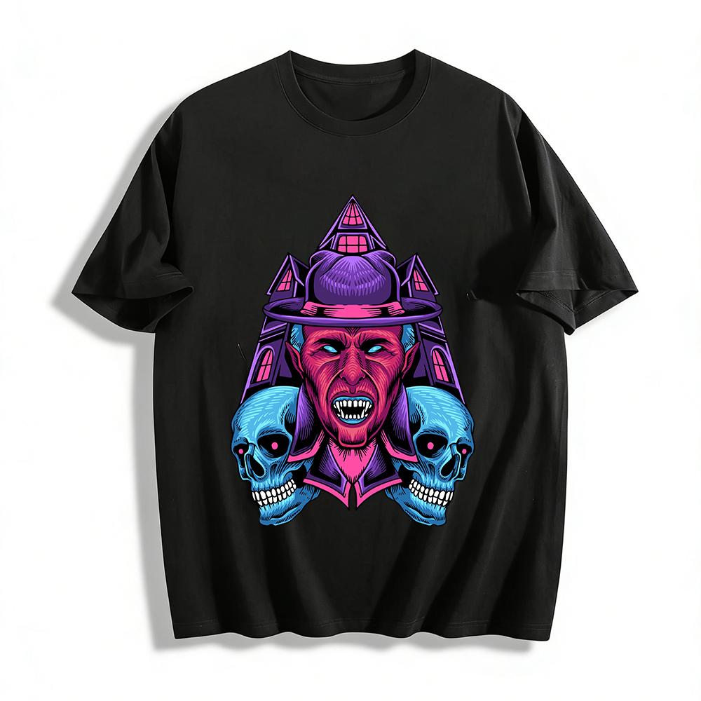 Gothic Vampire Skull Haunted House Print Cool Street Casual T-Shirt Pure cotton T-shirt XXS