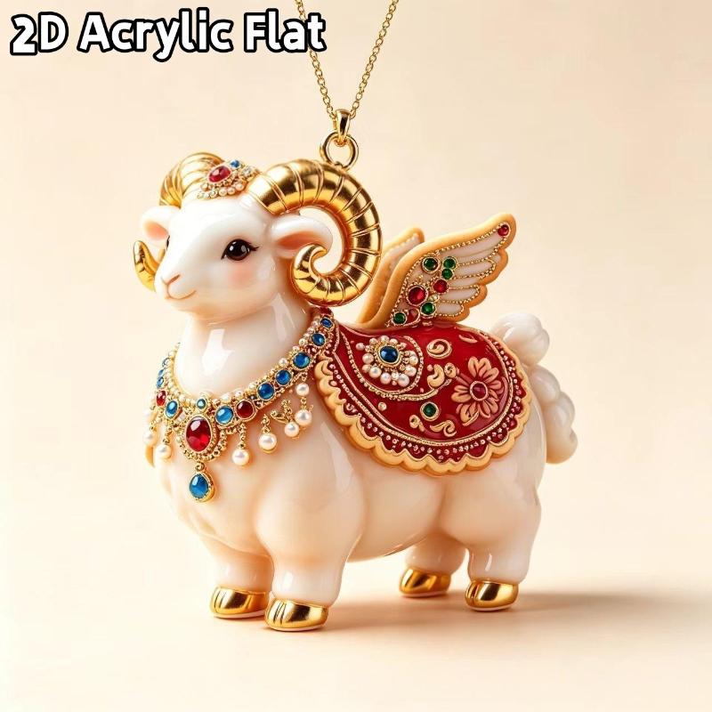 2D Flat Acrylic Christmas Hanging Pendant Red Gold Chinese Zodiac Goat Xmas Tree Ornament New Year Car Pendant