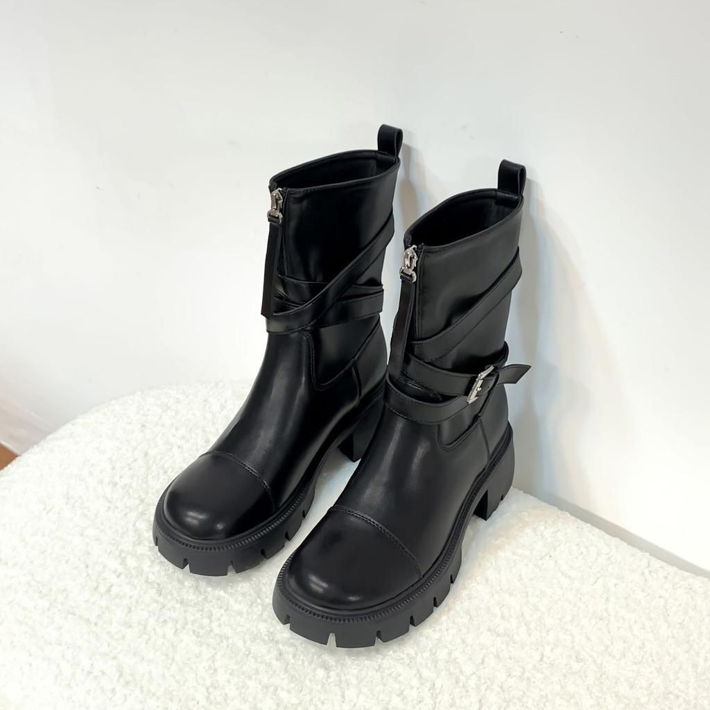 2025 winter new mid-tube knight boots women's platform locomotive boots Internet celebrity belt buckle Korean version leather boots women's outer wear