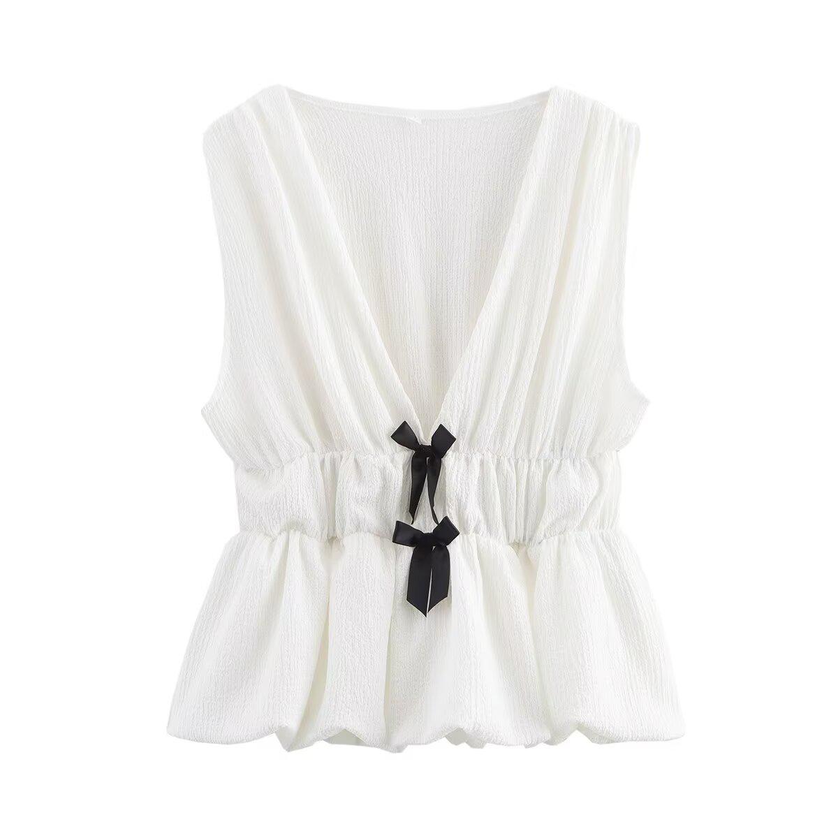 

2025 Spring Fashion V-Neck Sleeveless Bow Top for Women S белый