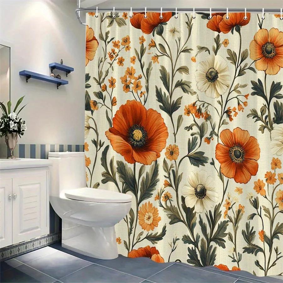 1Pc Orange Poppies & White Daisies Shower Curtain - Vibrant Digital Floral Design On Soft Cream Canvas, Durable Polyester Fabric