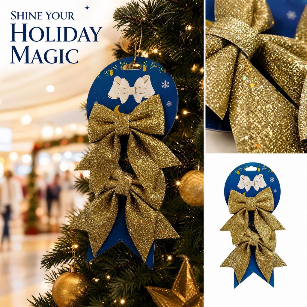 Sparkling Gold Ribbon Christmas Tree Hanging Ornament for Holiday Window Display and Scene Decor