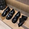 Retro One-pedal Small Size Platform Loafers Round Head Small Leather Shoes Women's Medium High Heels Are Not Tiring