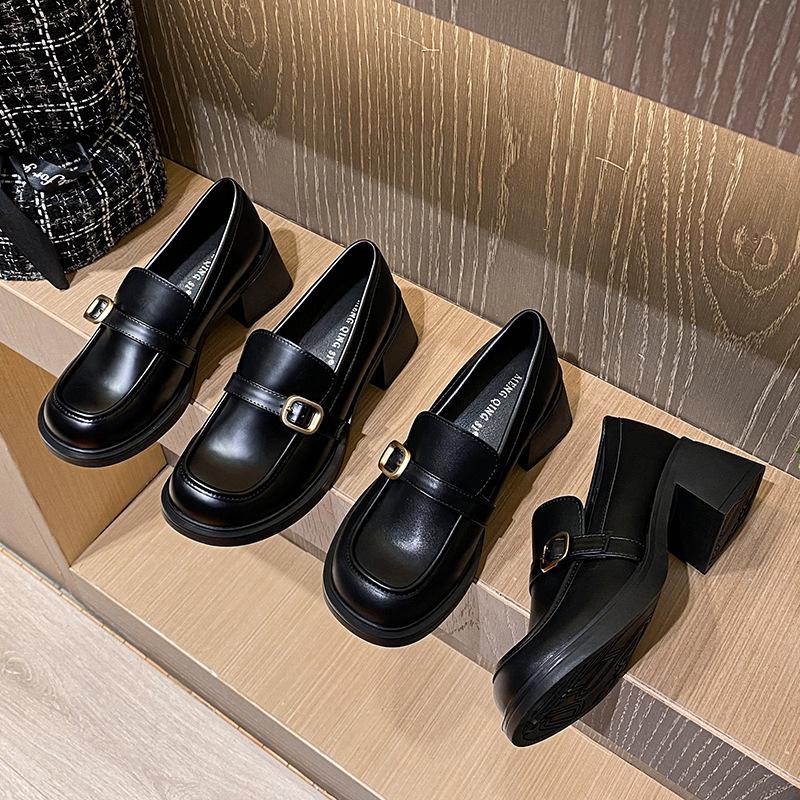 Retro One-pedal Small Size Platform Loafers Round Head Small Leather Shoes Women's Medium High Heels Are Not Tiring