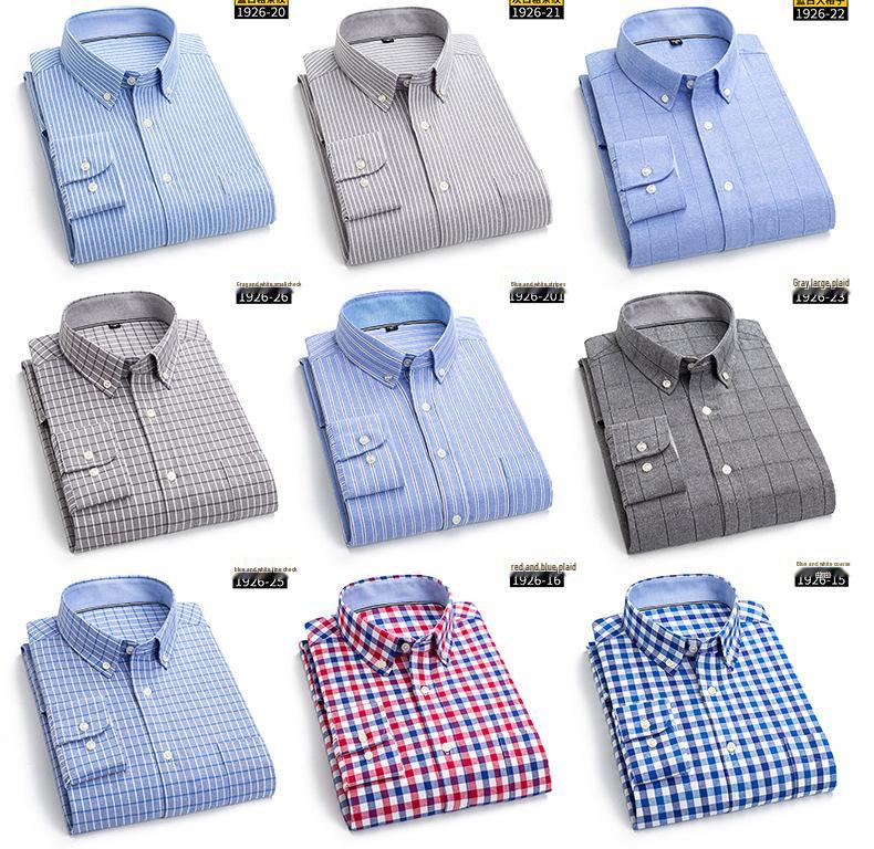 Men's Long Sleeve Washed Cotton Oxford Shirt - Slim Fit, Plaid, Iron-Free Stripes, Casual Style