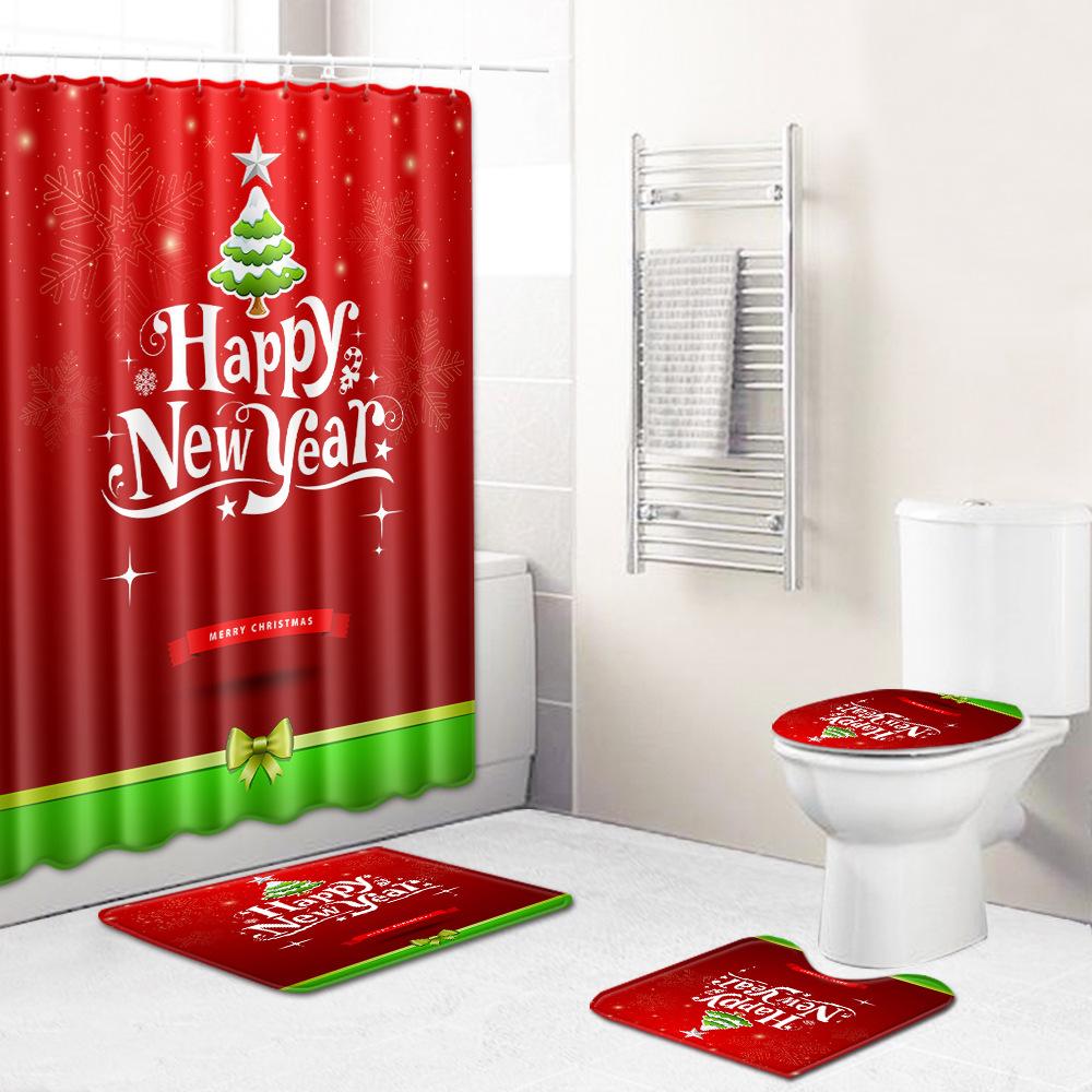 Christmas Home Door Mat Bathroom Shower Curtain Floor Mat Combination Four-Piece Set Bedroom Living Room Carpet