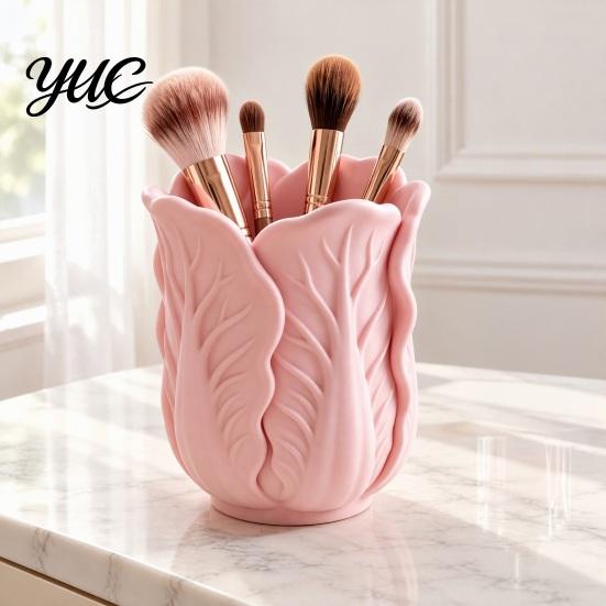 Vivid Leaf Texture Pen Cup Cabbage Shape Holder, 3D Print PLA Makeup Brush Organizer, Decorative Storage for Dressing Tables Stable Base Stationery