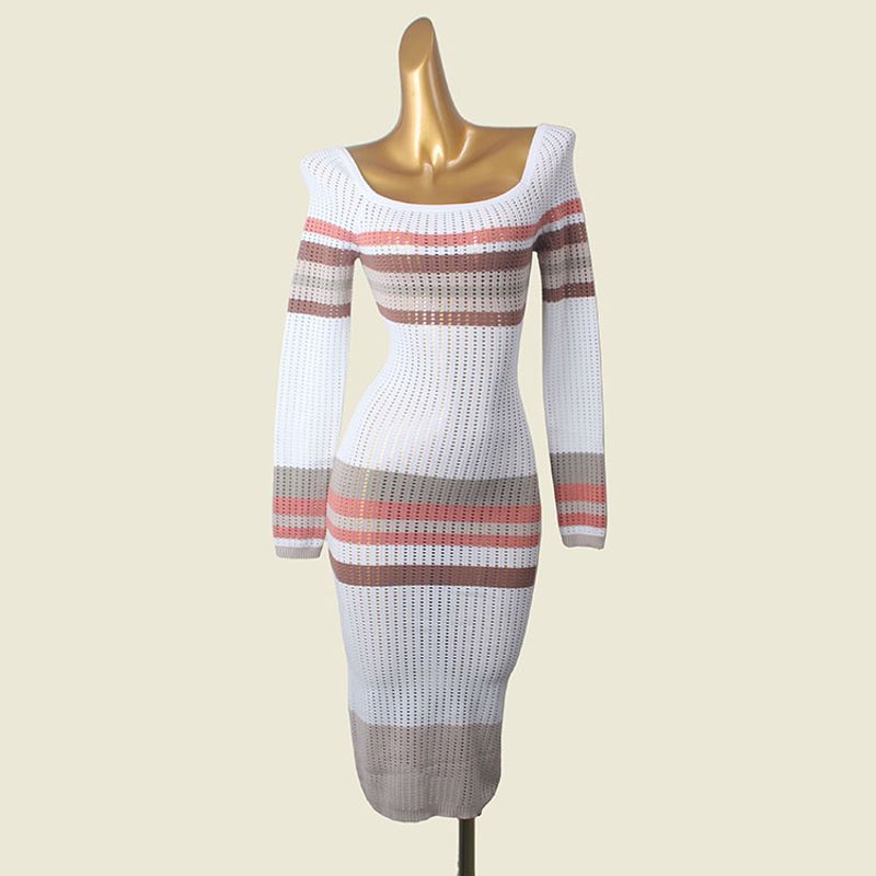French Style Square Collar Sexy Sheath Long Dress Foreign Trade Original Order Slim Fit Long Sleeve Knitted Hollow Temperament Dress