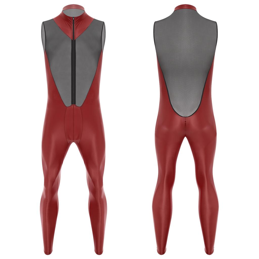Mens Glossy Sheer Mesh Jumpsuit Front Zipper Sleeveless Design Zipper Crotch Long Leg Catsuit