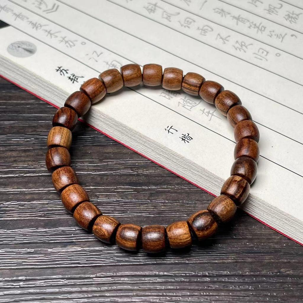 Ethnic Green Sandalwood Straight-Cut Barrel Bead Bracelet, Handmade Unisex Cultural Play Single Loop