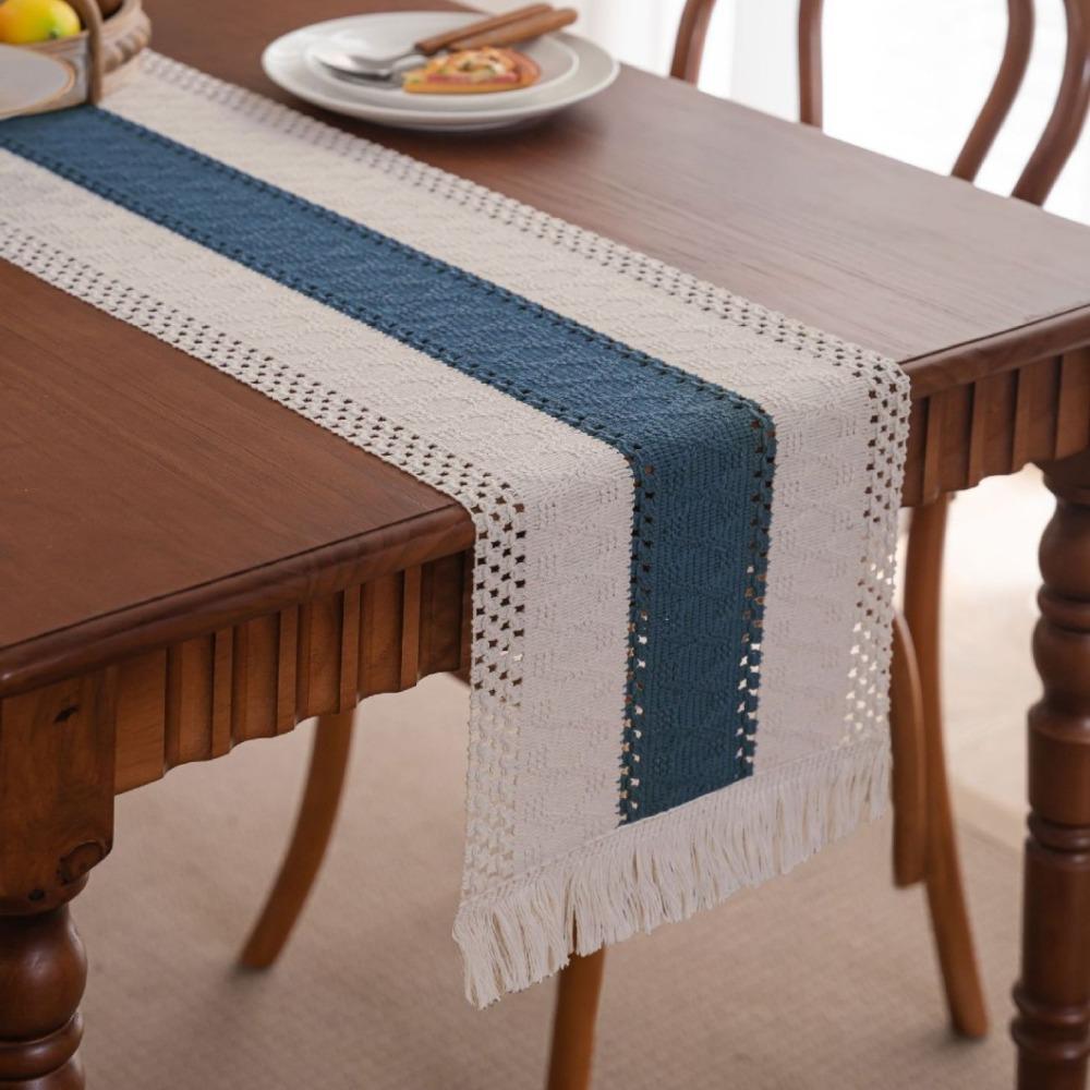 Vintage Style Christmas Table Runner with Long Fringe Khaki Woven Jacquard Wave Design for TV Cabinet Decor