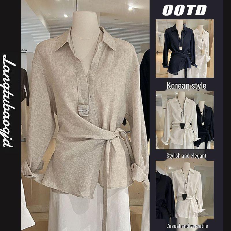 Chic Irregular Lace-Up Waist Shirt: Women's French Old Money Style Long Sleeve Top