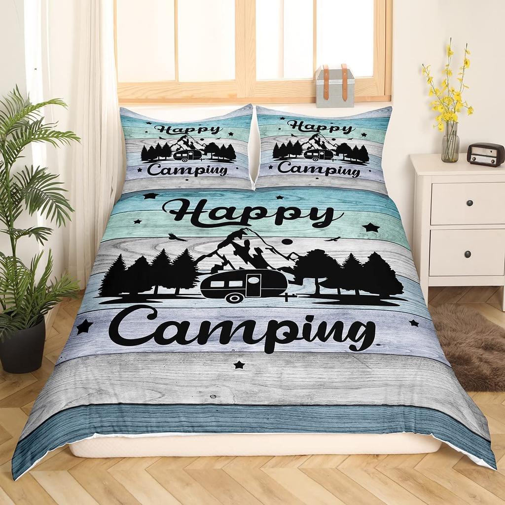 Happy Camping Comforter Cover King, Summer Camping Decoration Bedding For Boy Teens Family, Beach Vacation Style Duvet Cover Set