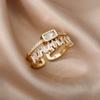 Classic Green Irregular Double Layer Zircon Rings For Women Stainless Steel Gold Plated Wedding Open Finger Ring