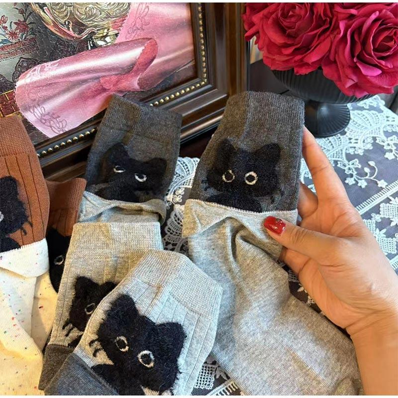 Autumn Winter Peekaboo Cat Cartoon Mid-Calf Socks Kawaii Cute Warm Socks Cotton Home Sleep Sock Soft Comfortable Daily Wear Gift