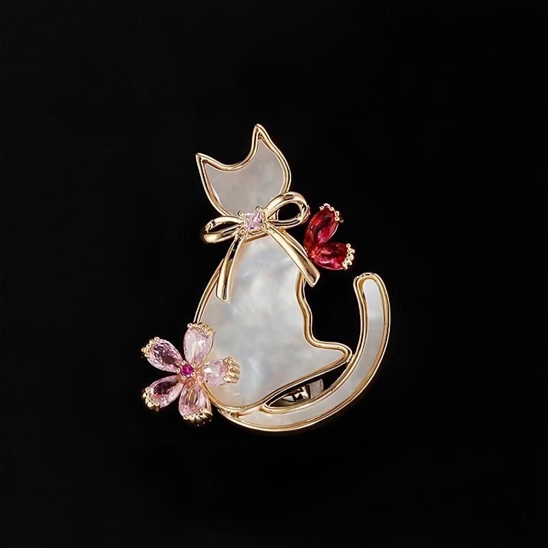 Cherry Blossom Kitten Brooch, A Fashionable and Cute Crystal Animal Brooch with A Niche Design Sense for Women