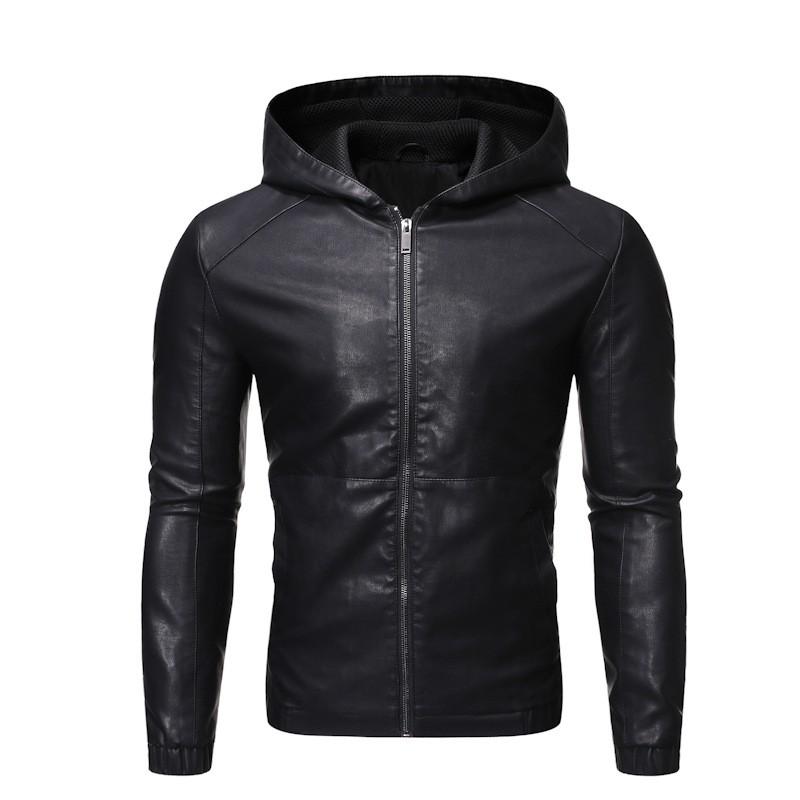 Mens Slim Fit Hooded PU Leather Jacket Warm Fleece Lined Trendy Biker Style Fall