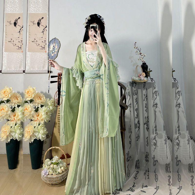 Chinese Wei And Jin Dynasties Style Hanfu Female Fairy Embroidery Full Set With Waist-length Sleeves
