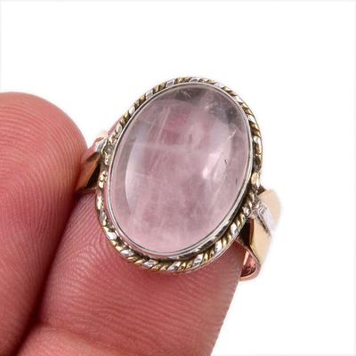 Natural Rose Quartz Gemstone 925 Solid Sterling Silver Two Tone Ring S.7.5 k9L23