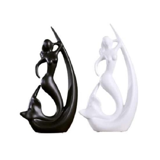 Mermaid Shape Ceramic Home Decor Statues - (Set of 2, Black & White)
