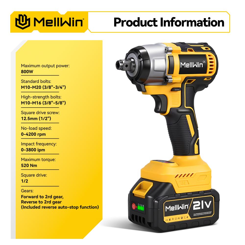 MELLWIN 520N.M Bürstenloser Elektrischer Schraubenschlüssel 3-IN-1 Akku-Schlagschrauber Elektroschrauber Bohrmaschine Für Makita 18V Akku Stift