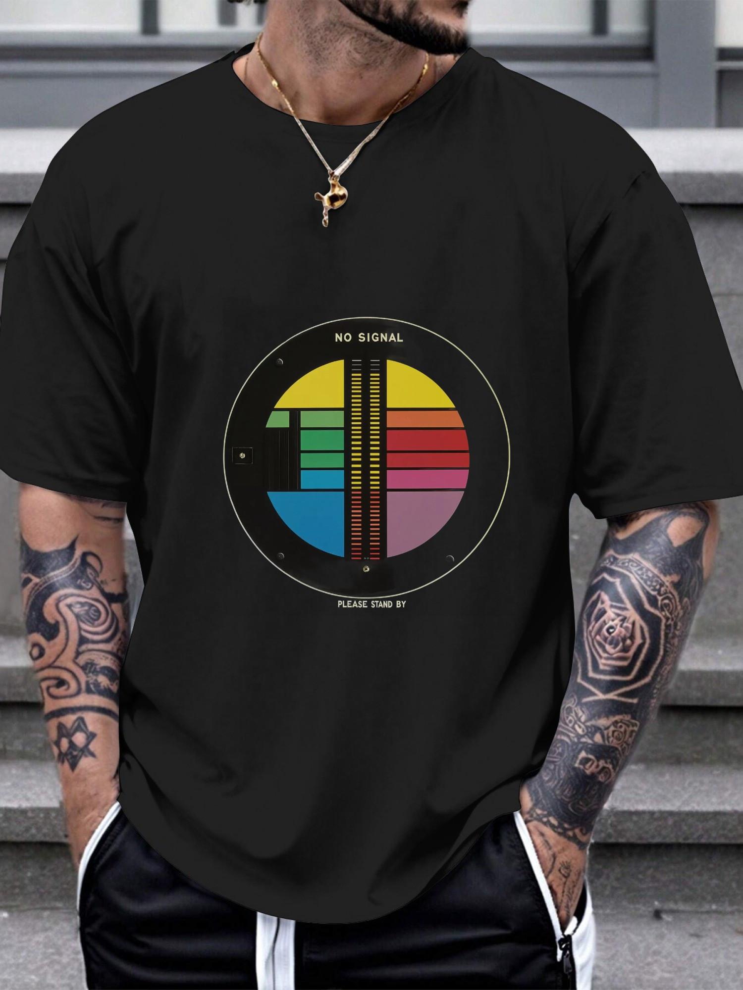 1pc Casual Graphic T-shirt - Colorful Geometric Test Pattern with NO SIGNAL Design XXL