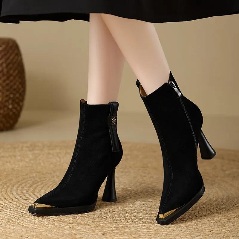 Fashion Women's Metal Pointed Toe Autumn and Winter Platform Soft Leather BootsFrench Retro Style High Heel Temperament Fashion Boots