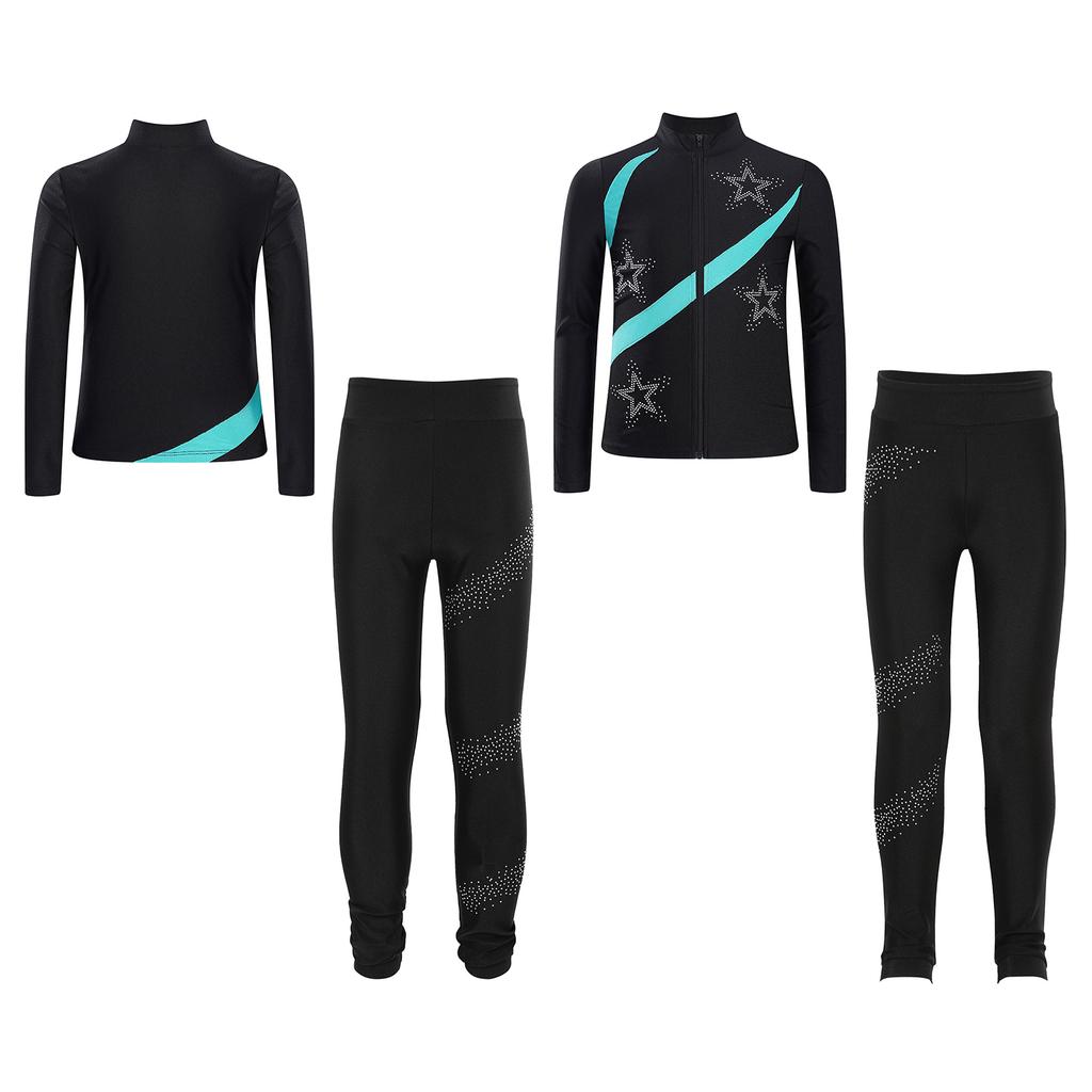 Conjunto de Patinação Artística para Meninas Top Esportivo Estrela Brilhante Cor Contrastante Manga Longa Gola Alta Moletom com Zíper