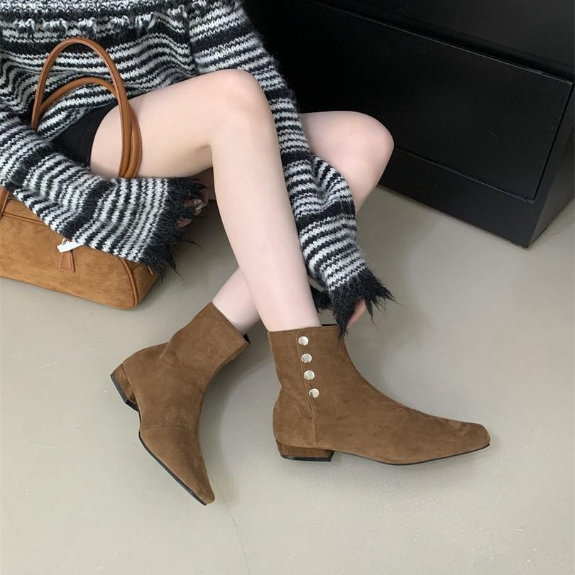 Women's shoes real shot suede square head side zipper thick heel small short boots elastic boots Martin boots thin boots comfortable
