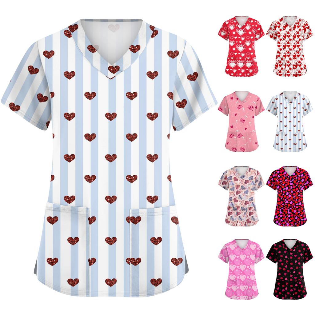 Women's Cute Bow Printed Work Clothes V-neck Double Layer Pockets Basic Short Sleeve Top Pullover