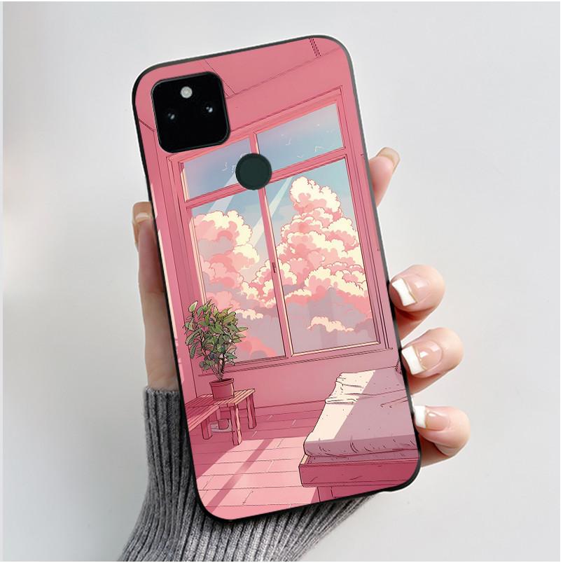 For Google Pixel 5a Soft Silicone Black Case Trendy Style Cartoon Pattern Fluffy Bunny, Milk Tea Rabbit, Rabbit Lamp Casing