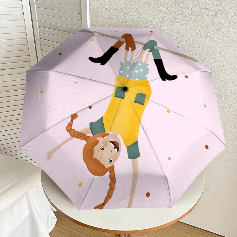 1pc Pippi Longstocking Automatic Folding Umbrella, Portable Collapsible Design, Casual Outdoor Accessory L1127006