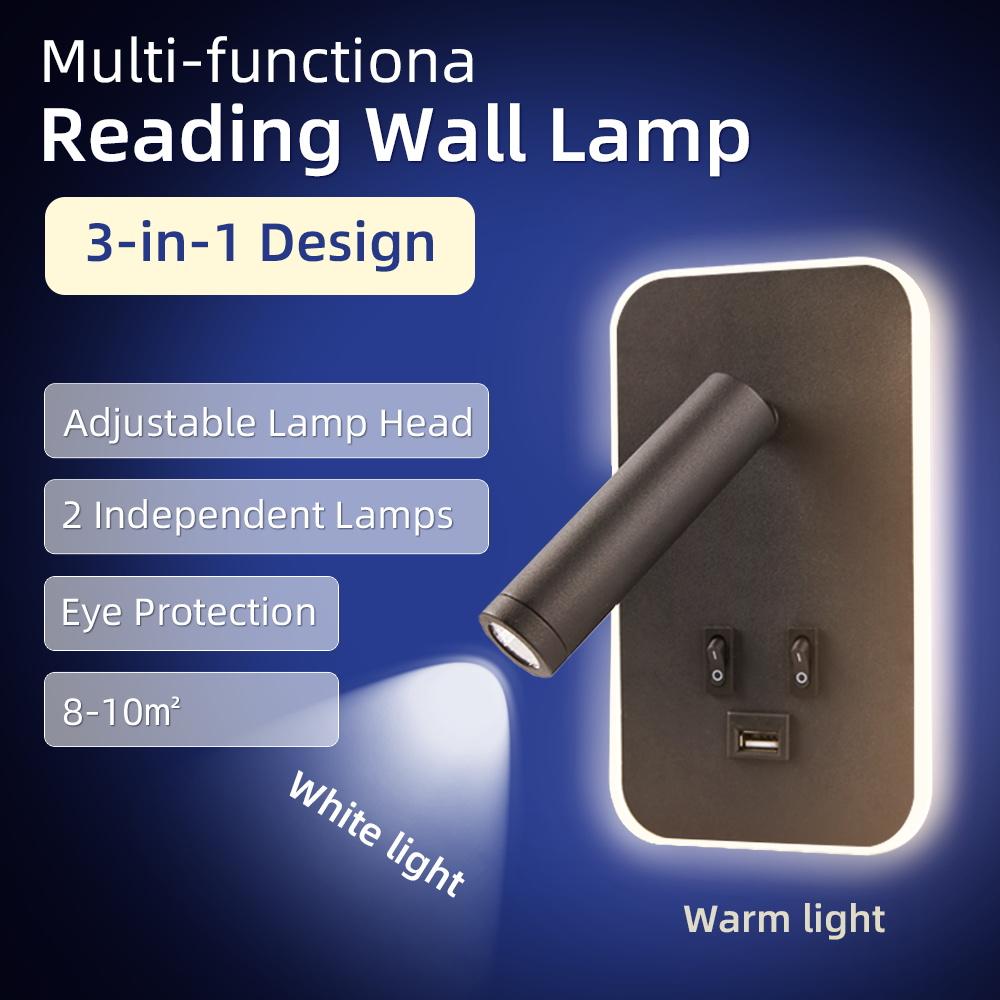 Bedside Wall Lamp with Switch and USB Port Wall Mounted Reading Spot Lights Bedroom Wall Sconce Rotatable Led Wall Light Cabinet