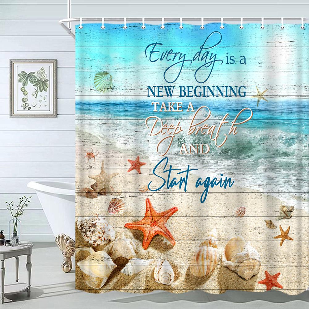 

Морская звезда Пляж Душевая занавеска Ракушки Деревянные доски в деревенском стиле Пальмы Природный пейзаж Печатные Душевые занавески Декор для ванной комнаты 180x200cm-70x78in