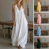 Ärmelloses Sommer-Maxikleid für Damen im Boho-Stil mit V-Ausschnitt, fließendem Muster, perfekt für Strandurlaub und Freizeit. Lässiges A-Linien-Kleid.