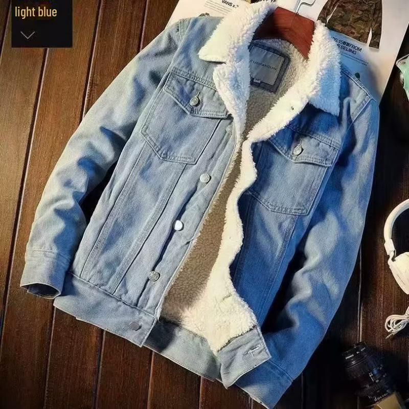 Men's Trendy American Retro Velvet-Lined Denim Workwear Jacket