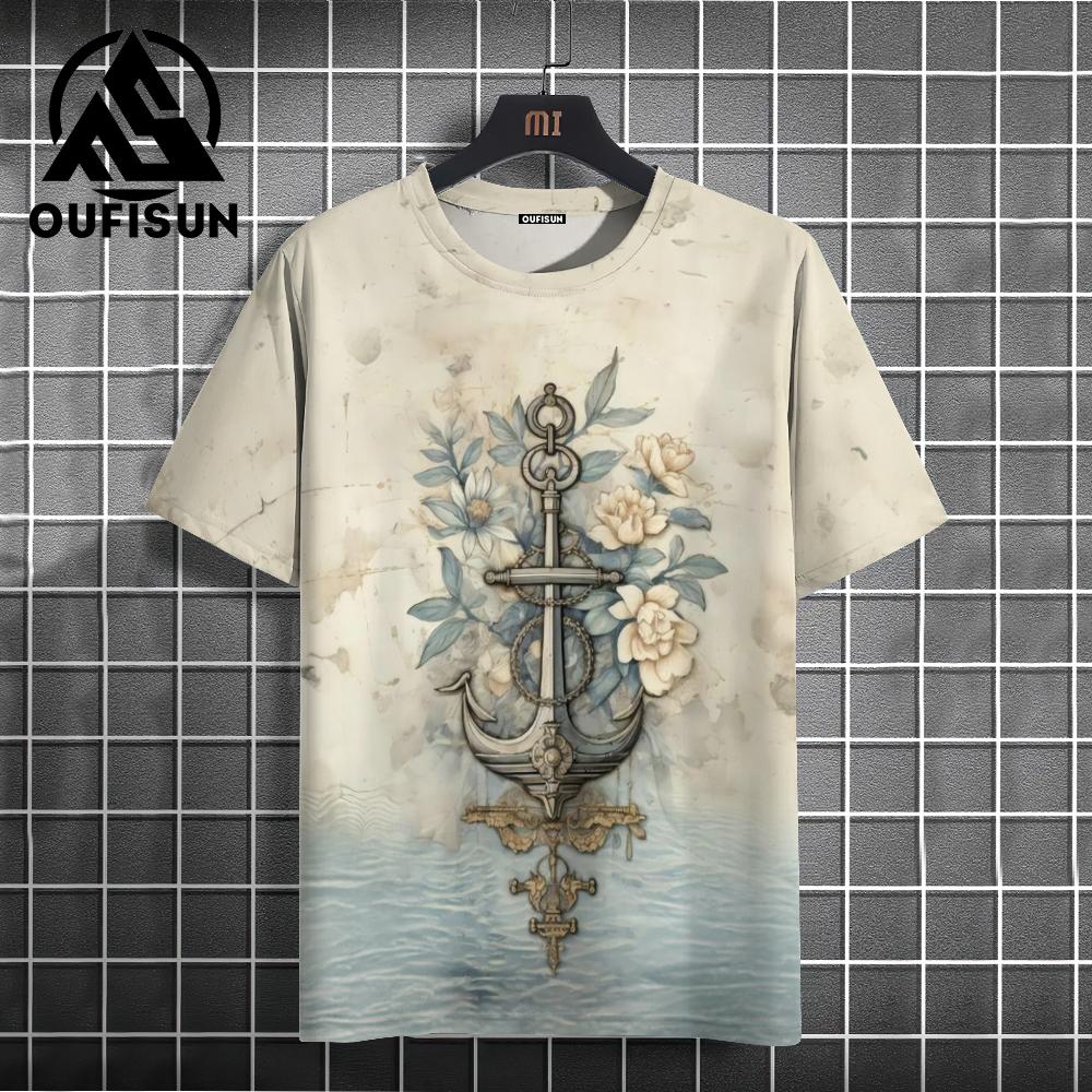 Men's T Shirt Ship Anchor Print Summer Casual Short Sleeve 3d T Shirts Streetwear O Neck Pullover Oversized Male Clothing
