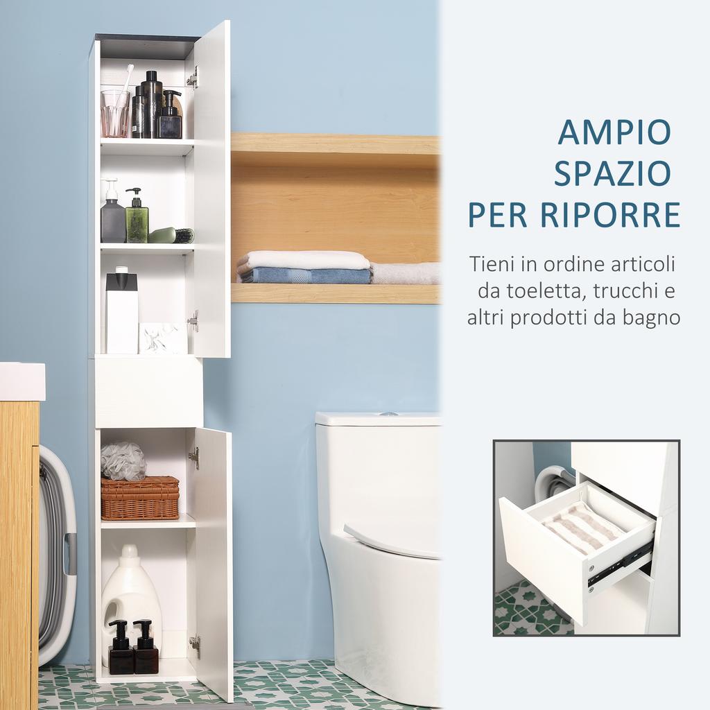 Bathroom Cabinet with Adjustable Shelf, 2 Closed Shelves and a Drawer in Wood, 30x28x180 cm, White