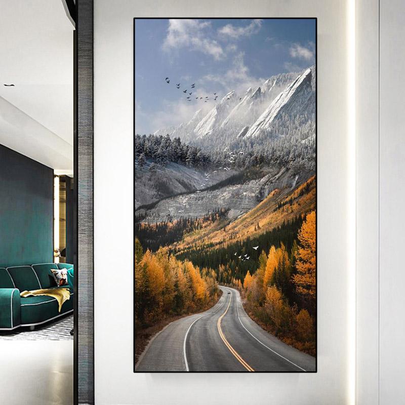 Abstract Golden Landscape Mountain Road Canvas Painting Posters And Prints Wall Art Pictures Living Room Home Decor No Frame